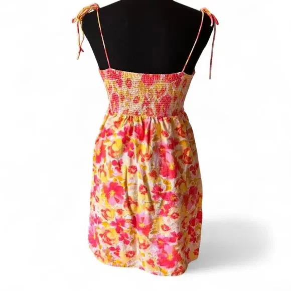 old navy sz XS Cottagecore linen babydoll floral mini dress stappy pockets - Picture 2 of 8